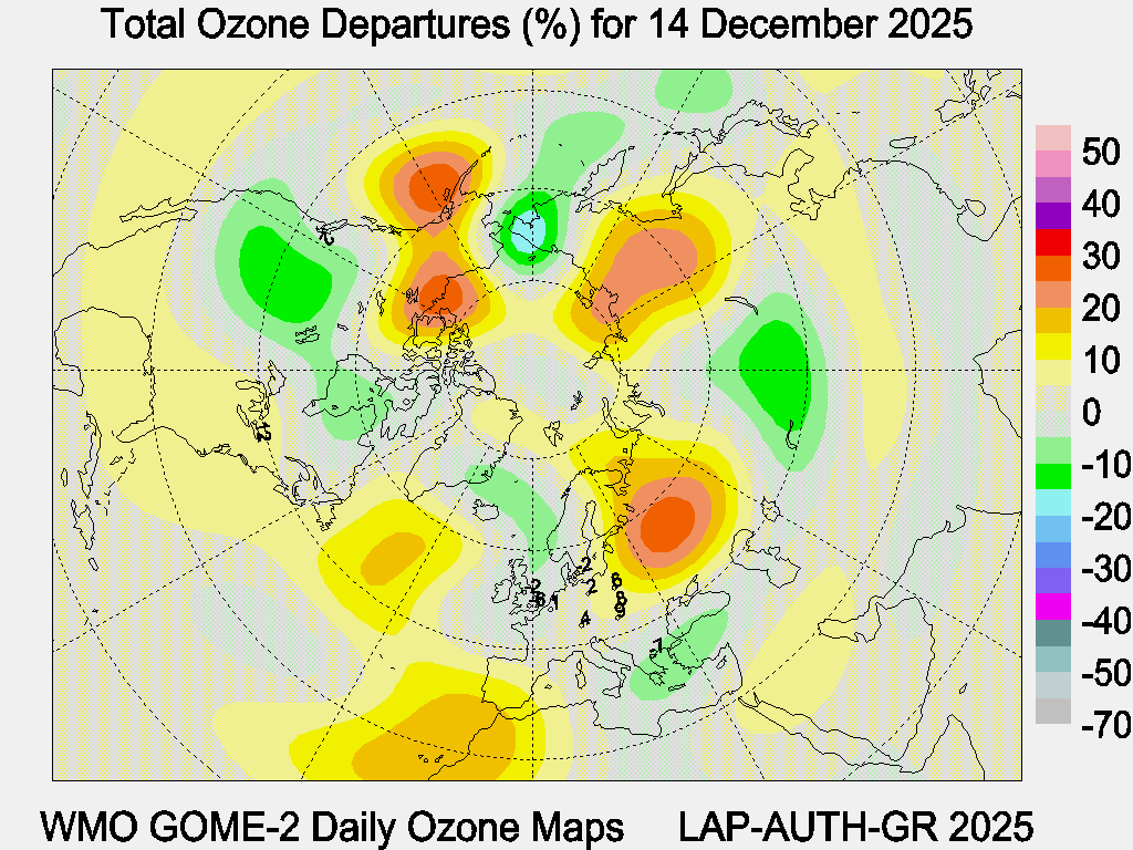 Total Ozone Departures (%) map for yesterday