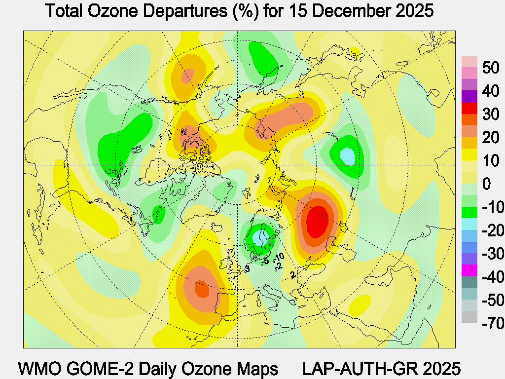 Total Ozone Departures (%) map for yesterday
