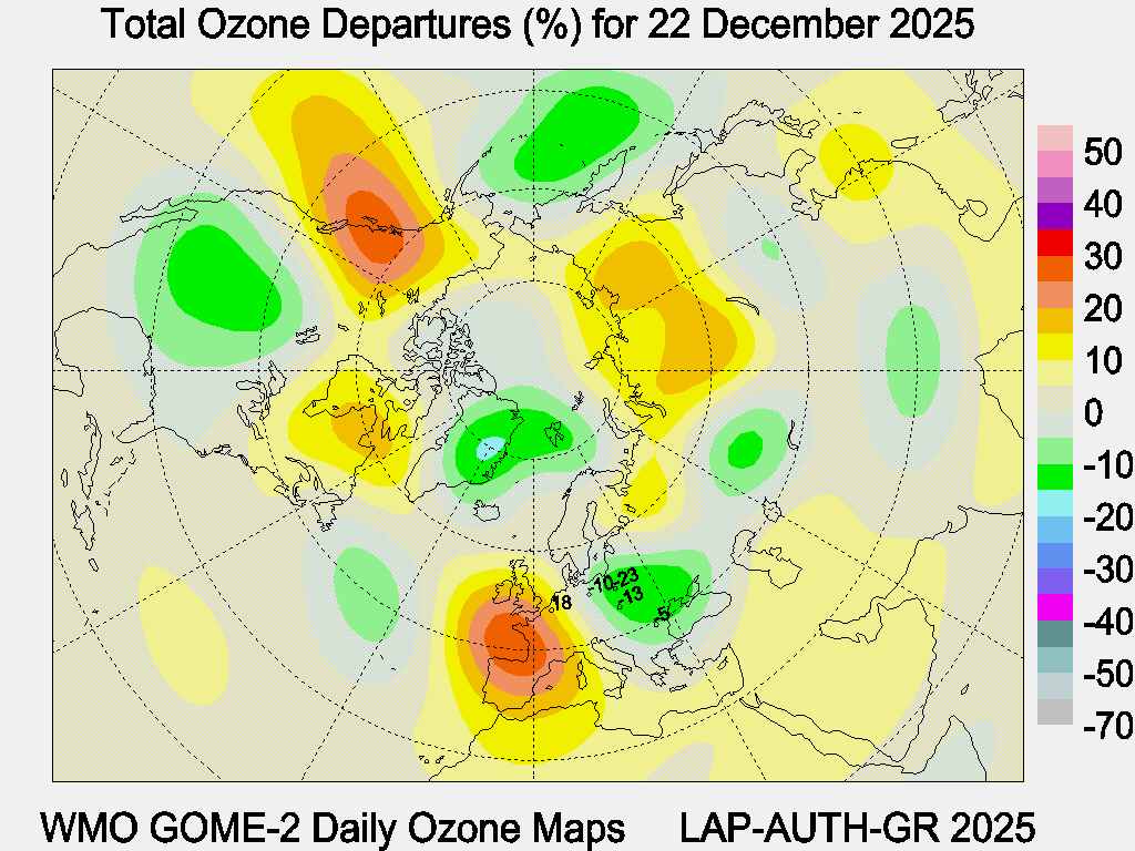 Total Ozone Departures (%) map for yesterday