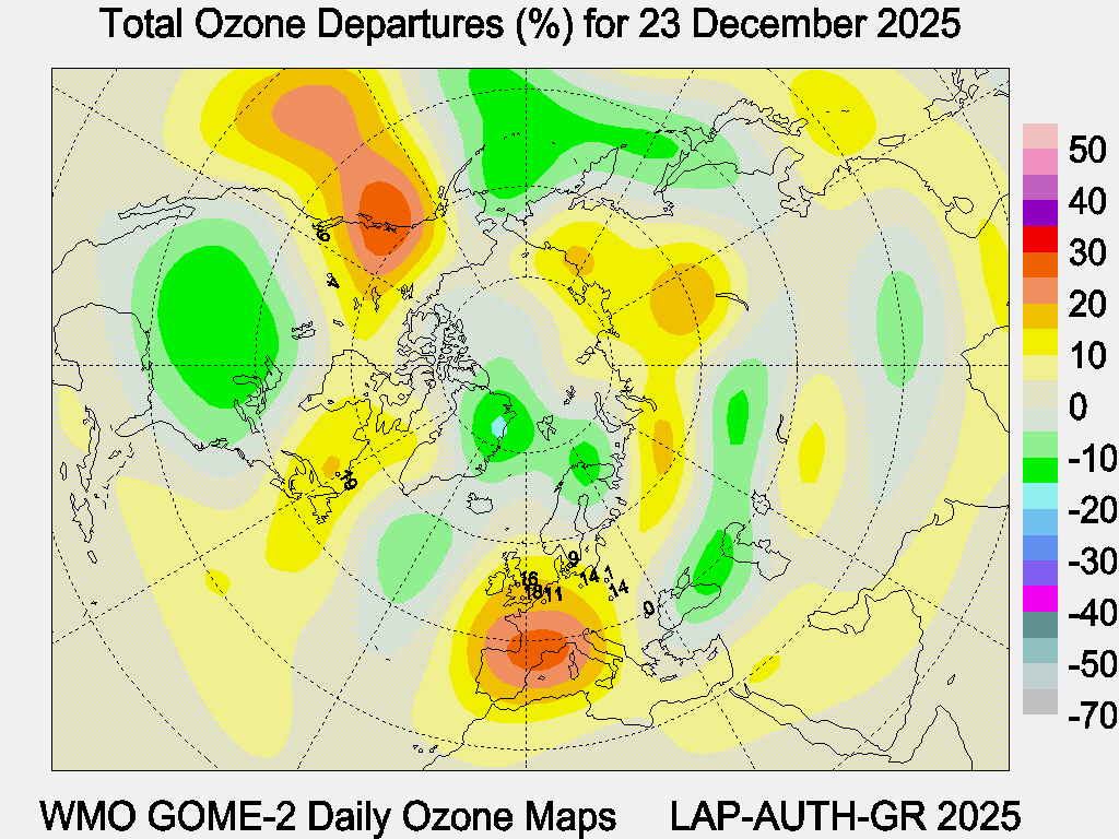 Total Ozone Departures (%) map for yesterday