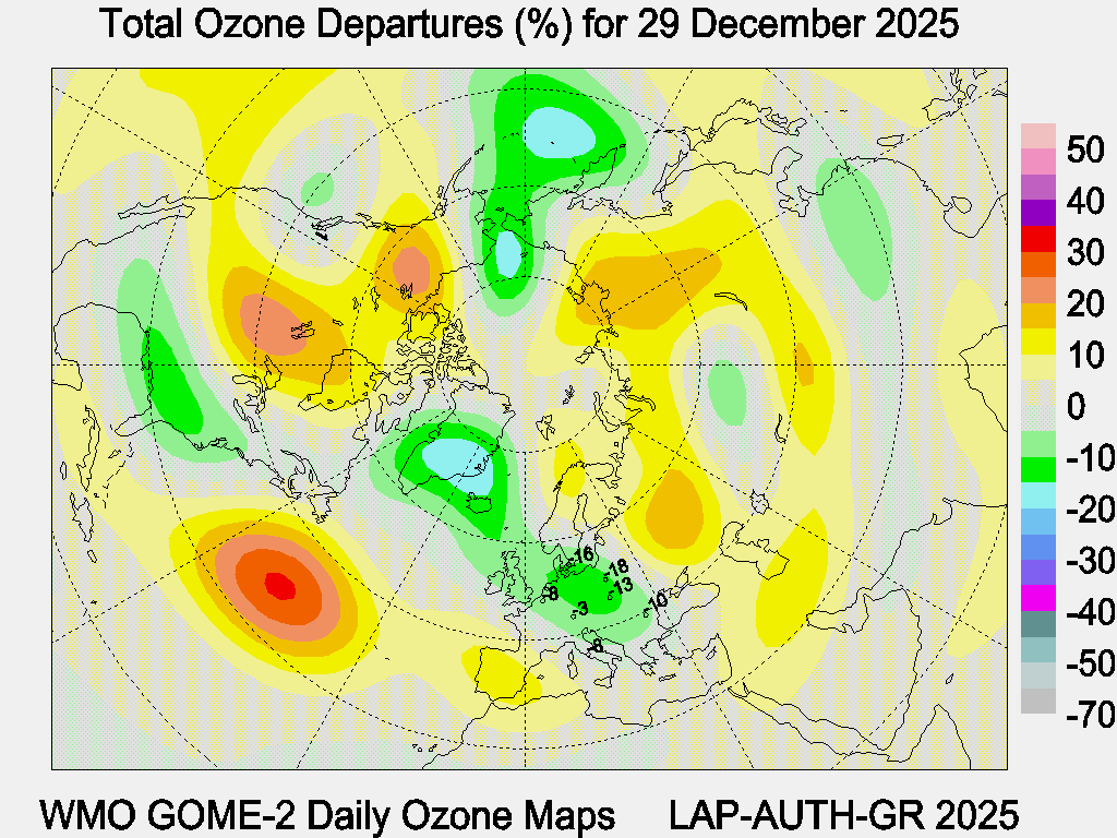 Total Ozone Departures (%) map for yesterday