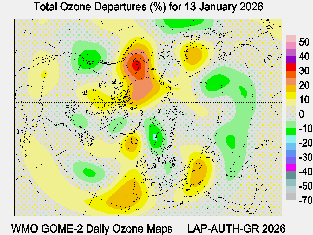 Total Ozone Departures (%) map for yesterday