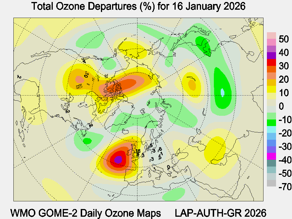 Total Ozone Departures (%) map for yesterday
