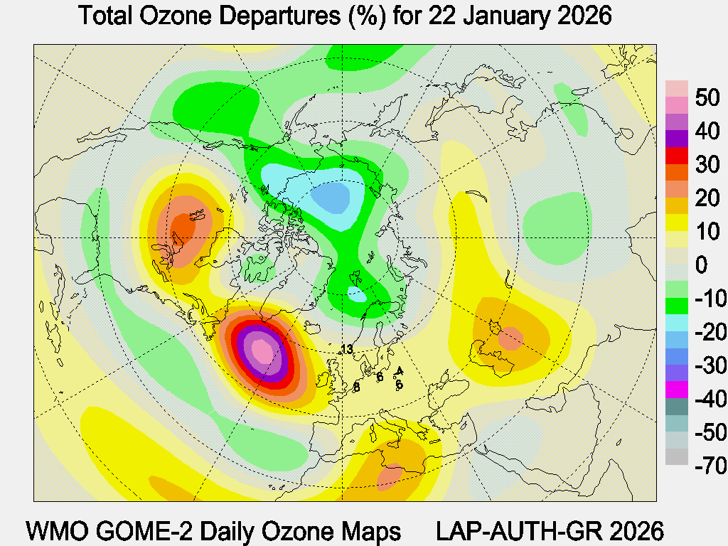 Total Ozone Departures (%) map for yesterday