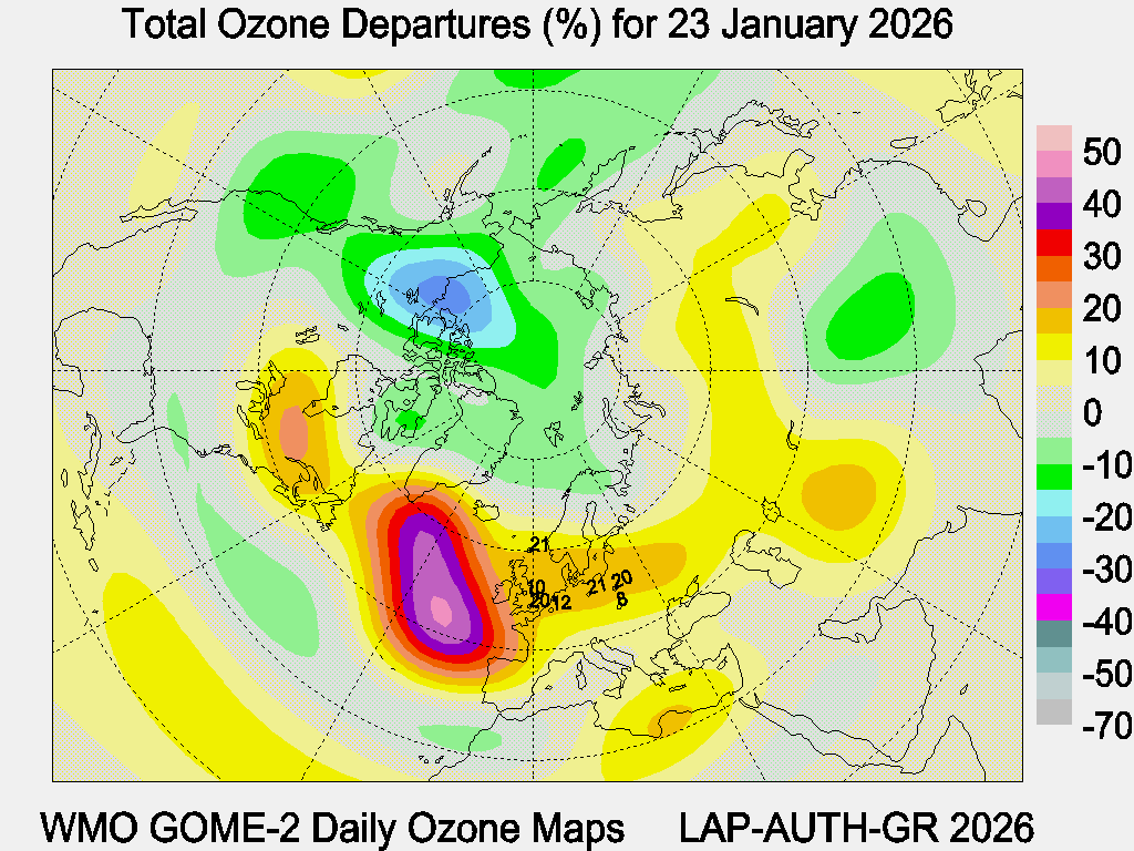 Total Ozone Departures (%) map for yesterday