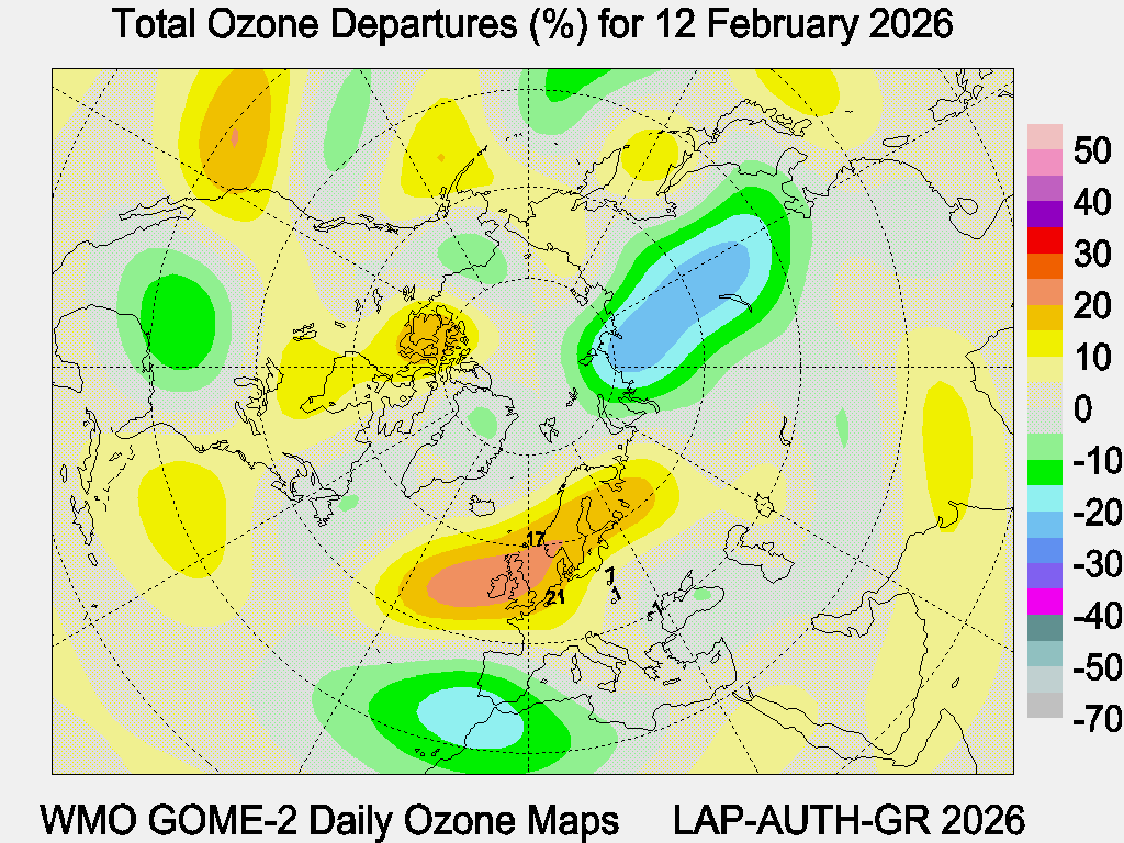 Total Ozone Departures (%) map for yesterday