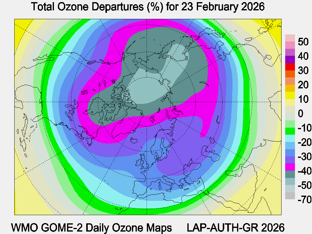 Total Ozone Departures (%) map for yesterday