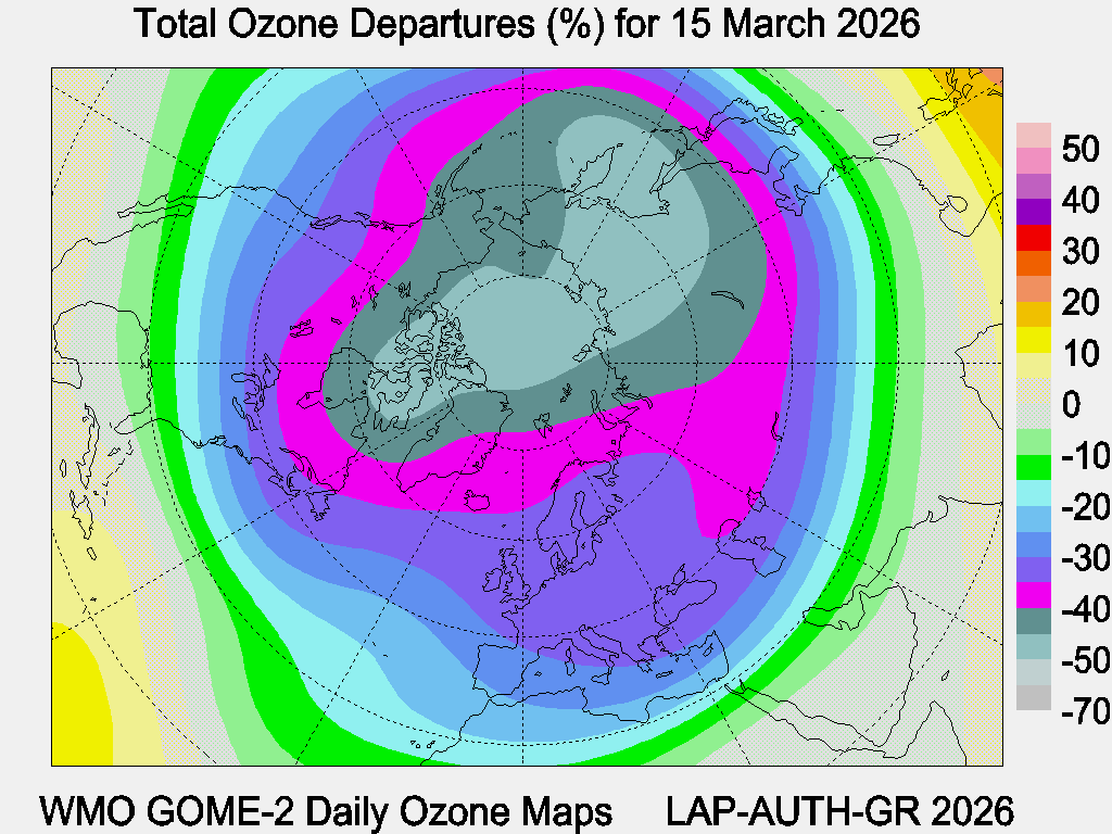 Total Ozone Departures (%) map for yesterday
