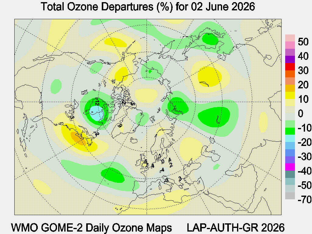 Total Ozone Departures (%) map for yesterday