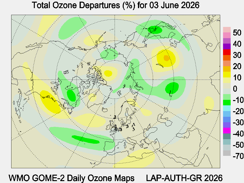 Total Ozone Departures (%) map for yesterday