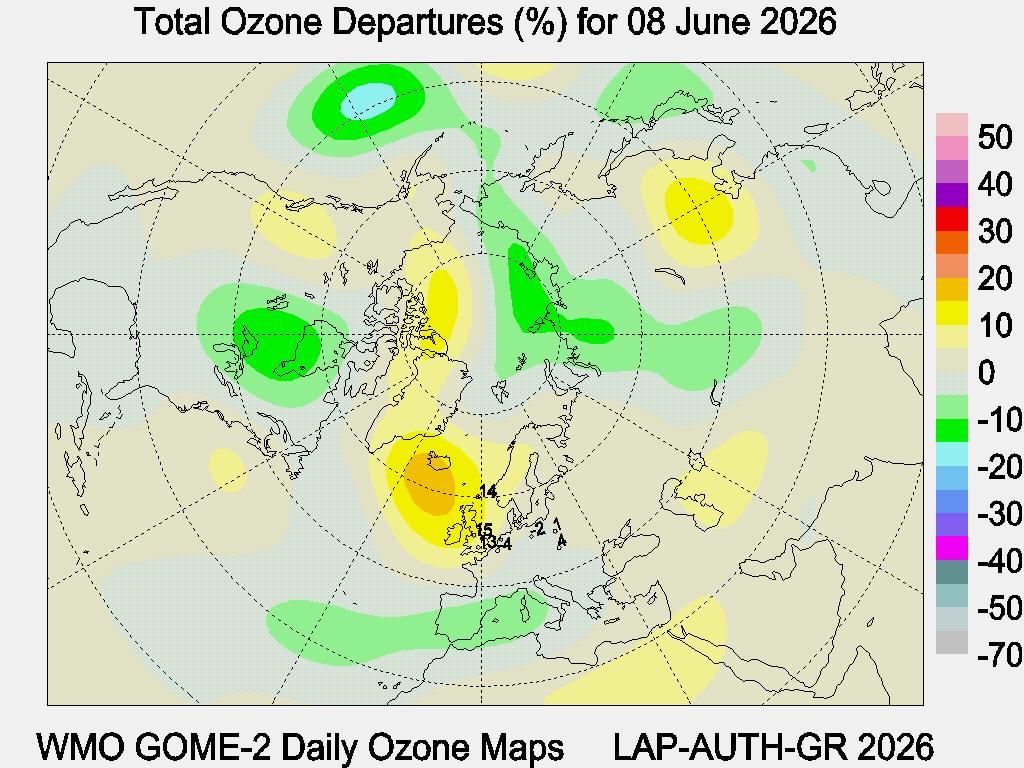 Total Ozone Departures (%) map for yesterday