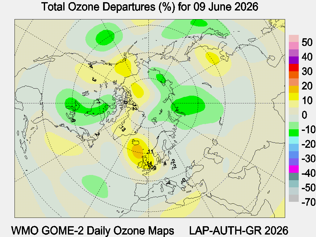 Total Ozone Departures (%) map for yesterday