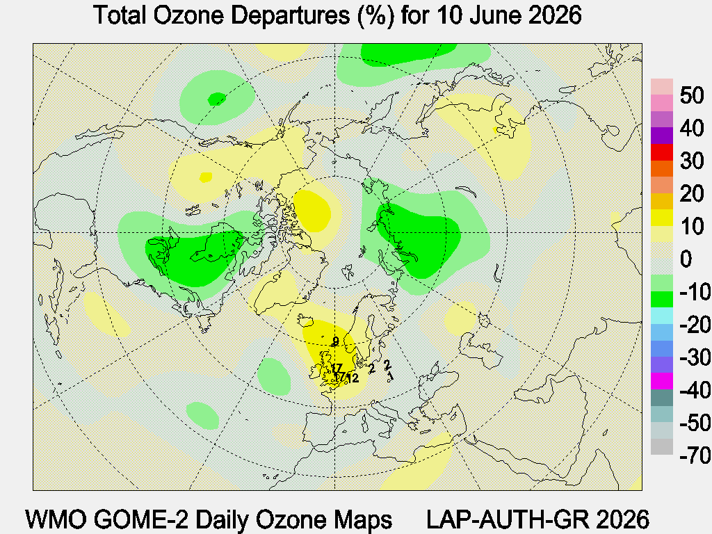 Total Ozone Departures (%) map for yesterday