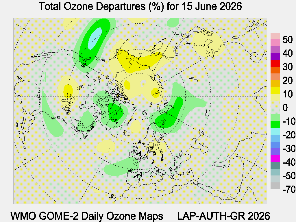 Total Ozone Departures (%) map for yesterday