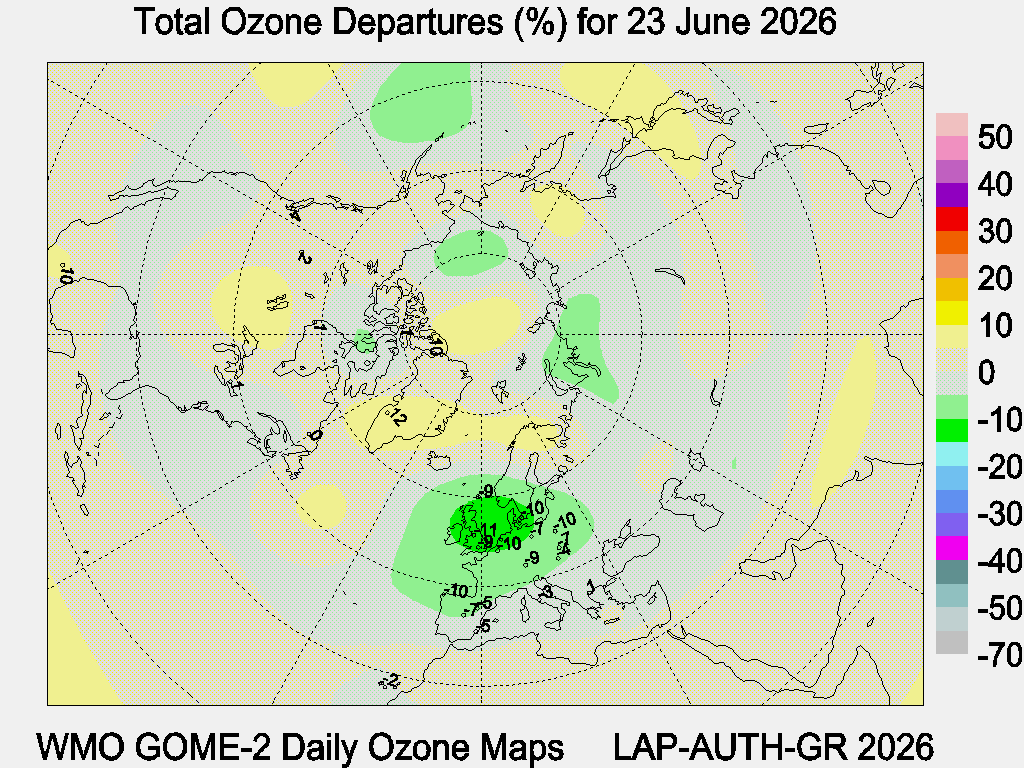 Total Ozone Departures (%) map for yesterday