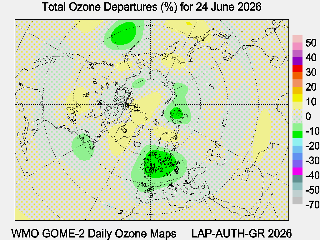 Total Ozone Departures (%) map for yesterday