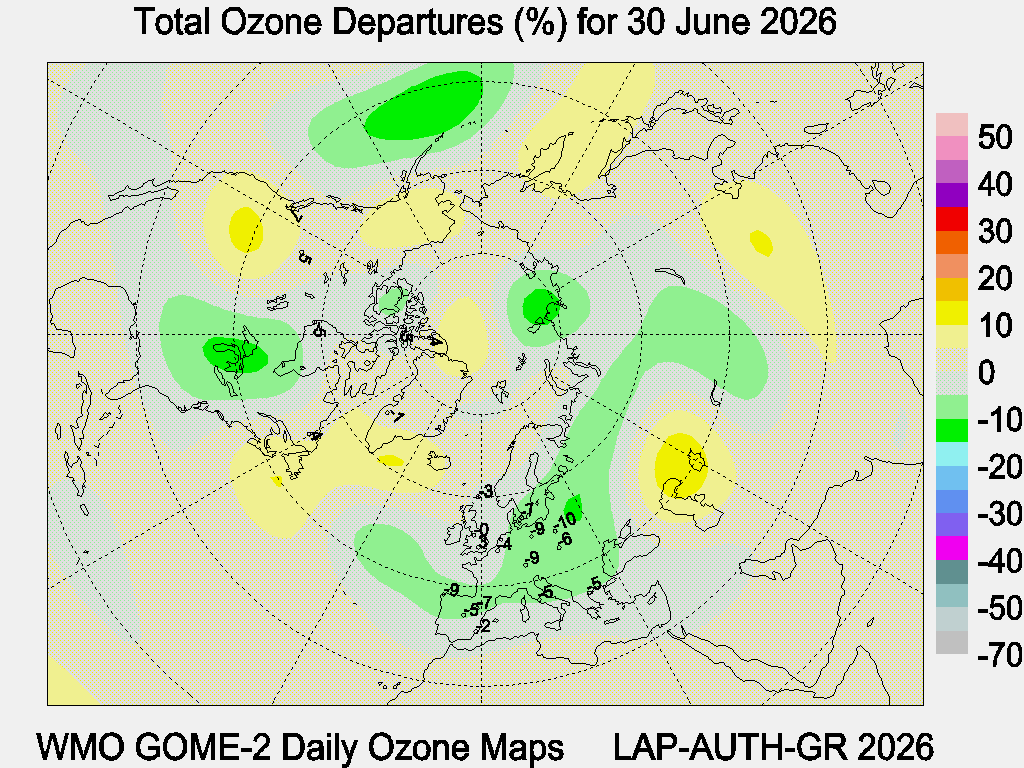 Total Ozone Departures (%) map for yesterday