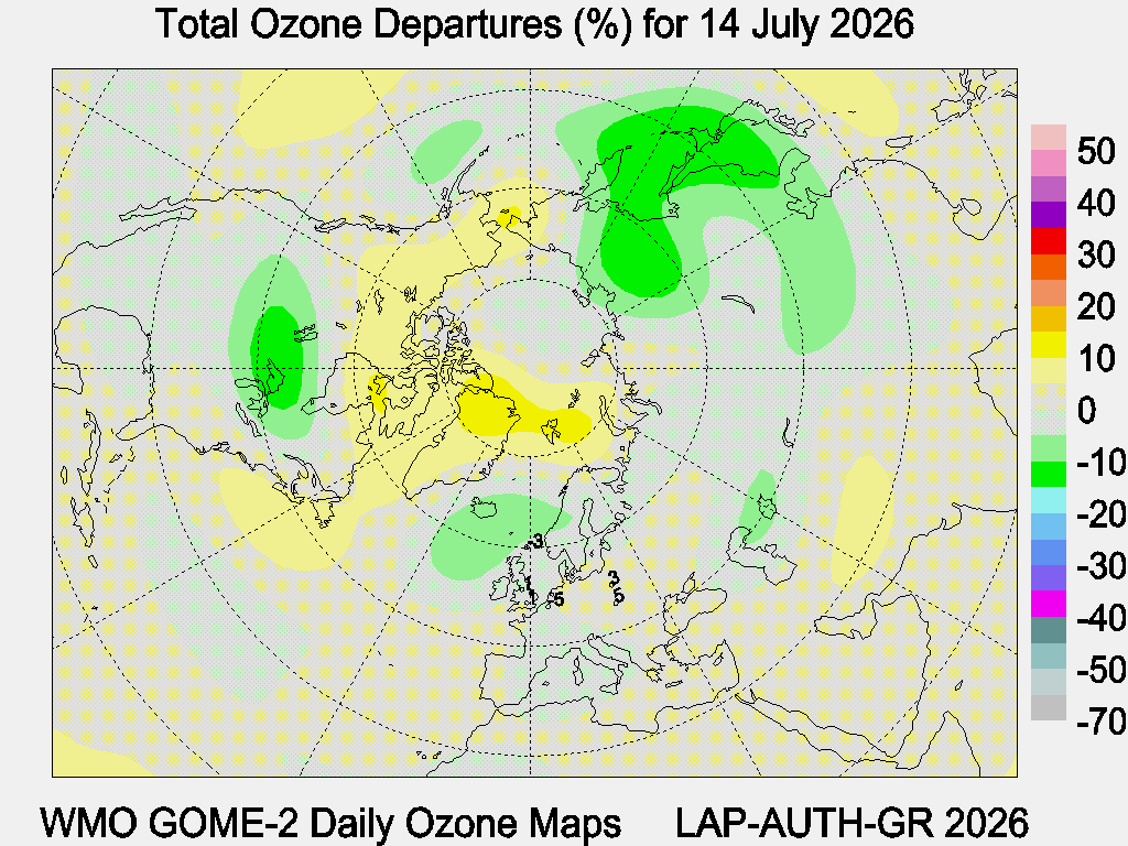 Total Ozone Departures (%) map for yesterday