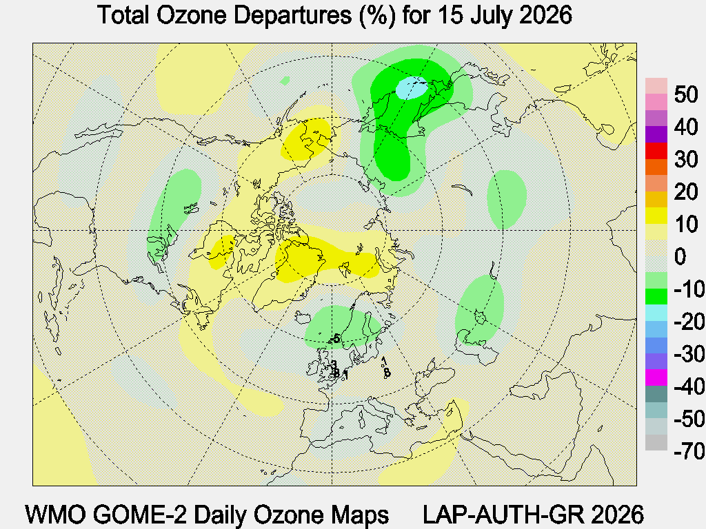 Total Ozone Departures (%) map for yesterday