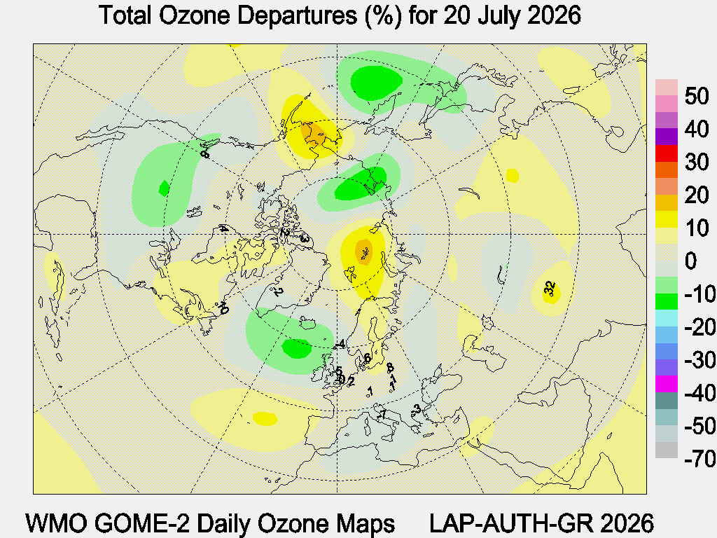 Total Ozone Departures (%) map for yesterday