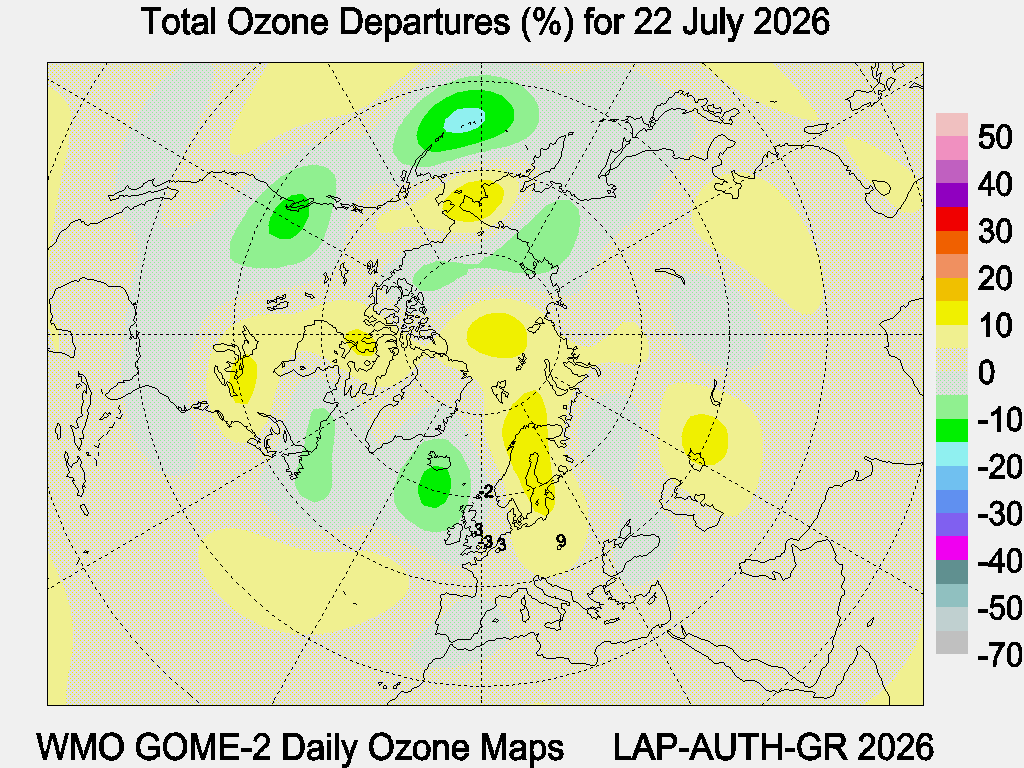 Total Ozone Departures (%) map for yesterday