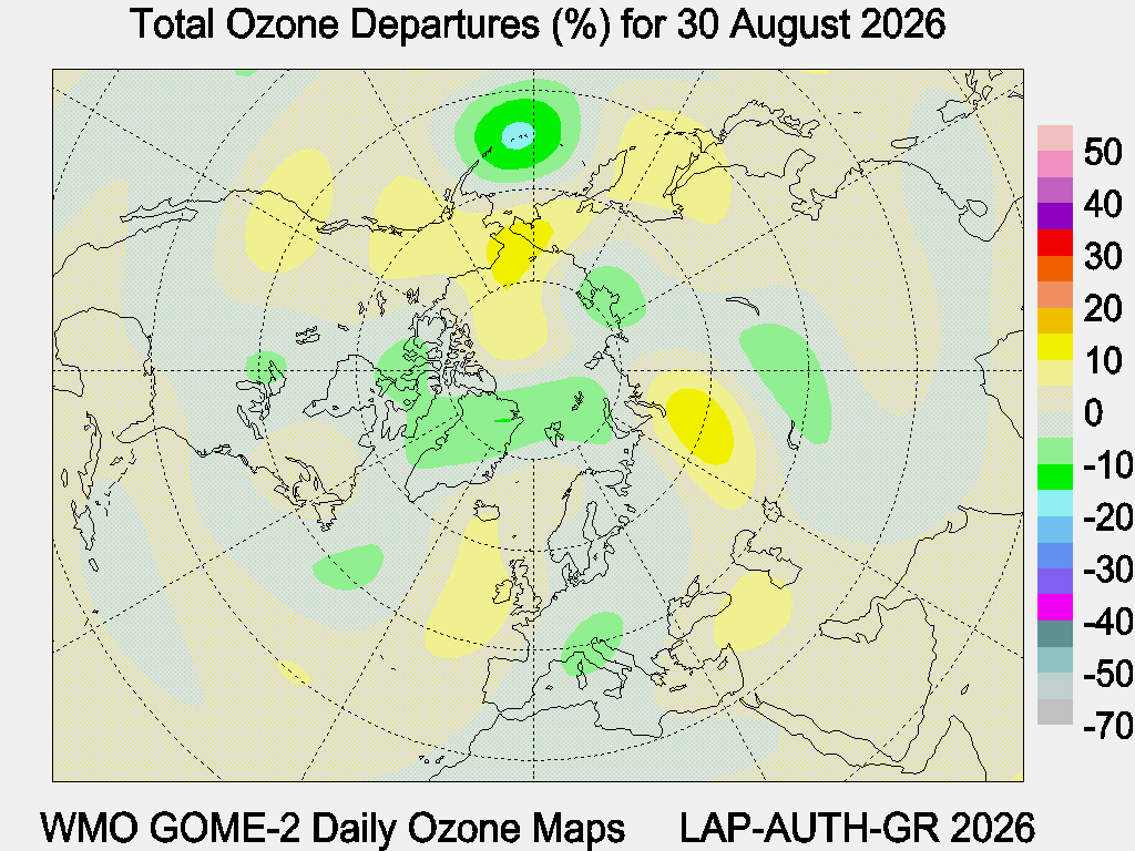 Total Ozone Departures (%) map for yesterday