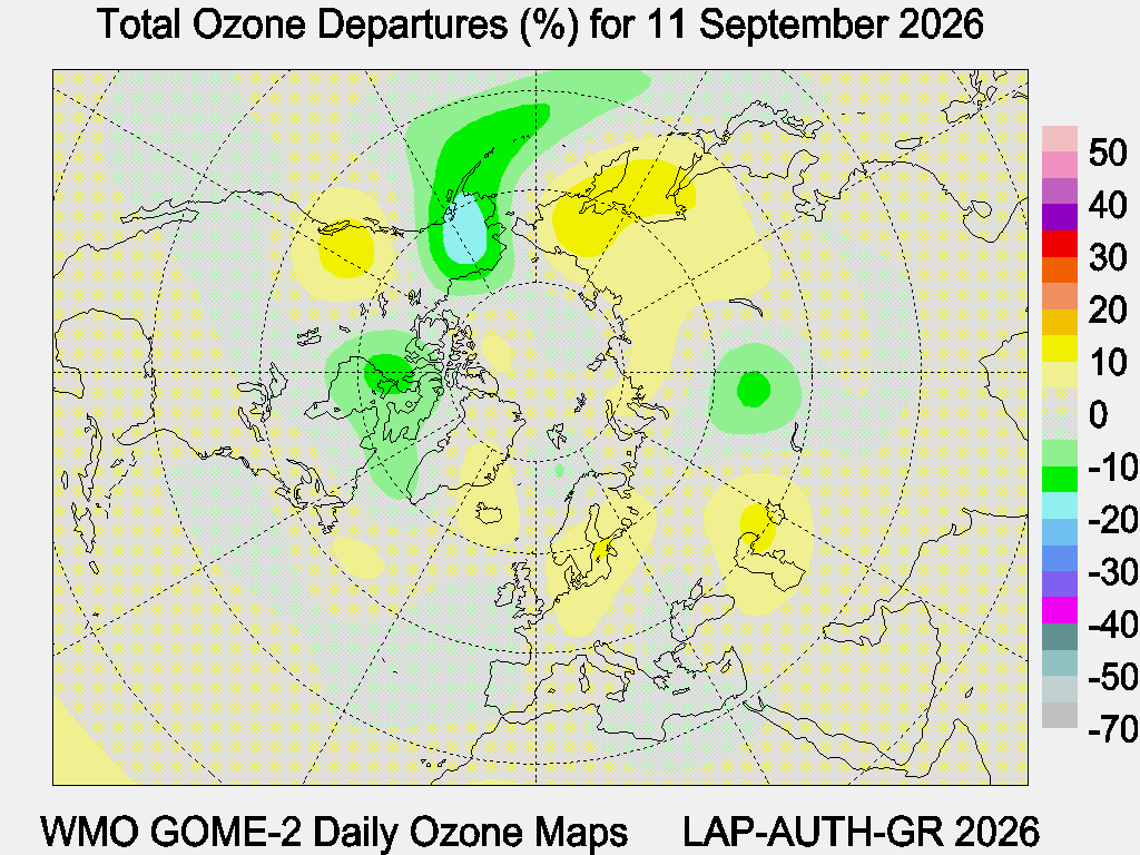 Total Ozone Departures (%) map for yesterday