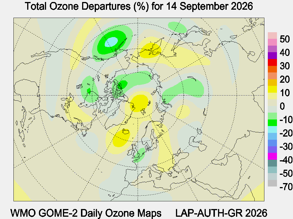 Total Ozone Departures (%) map for yesterday