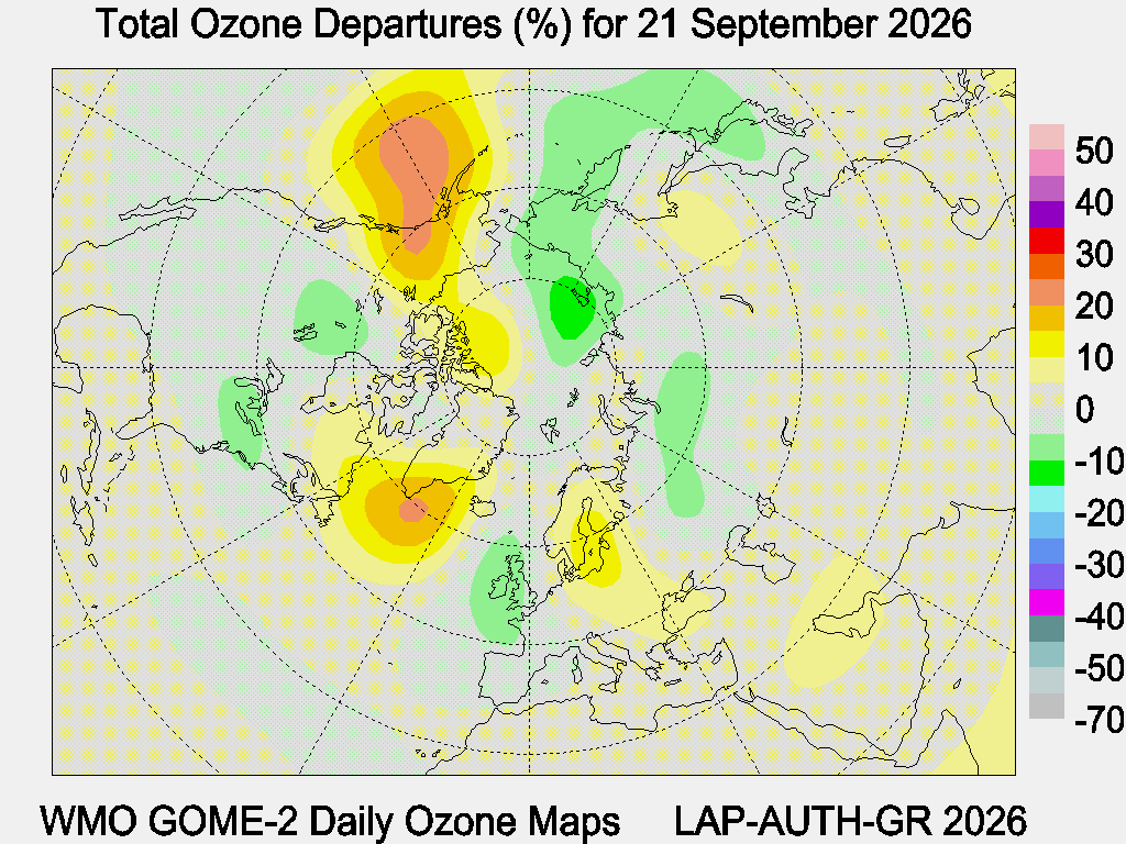 Total Ozone Departures (%) map for yesterday