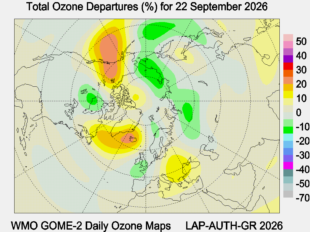 Total Ozone Departures (%) map for yesterday