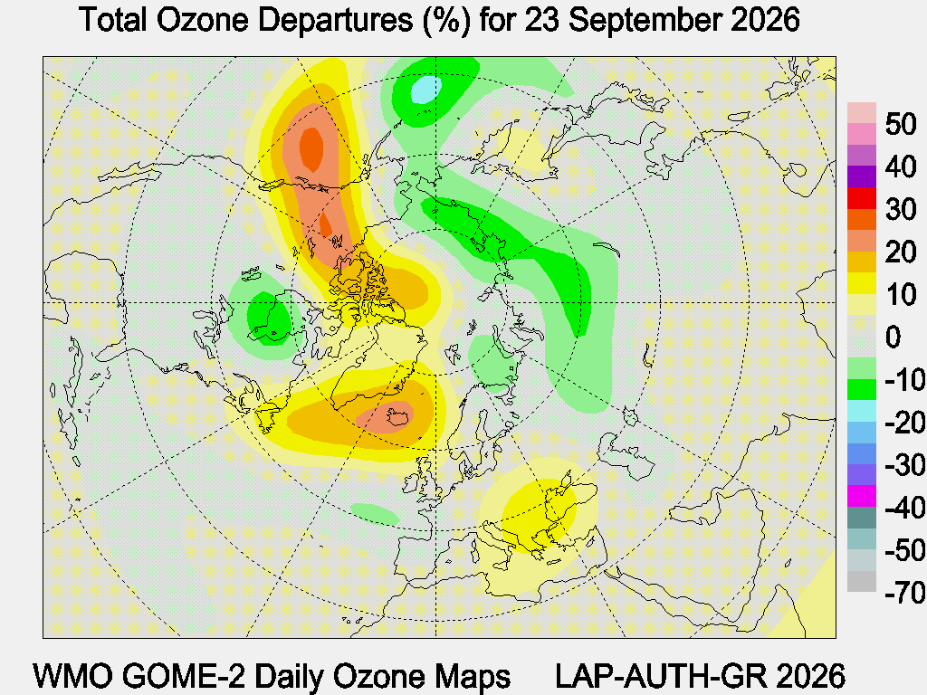 Total Ozone Departures (%) map for yesterday