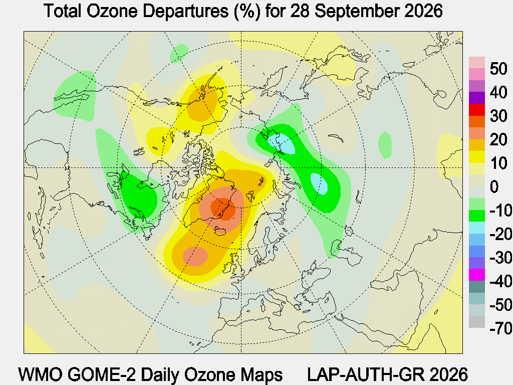 Total Ozone Departures (%) map for yesterday