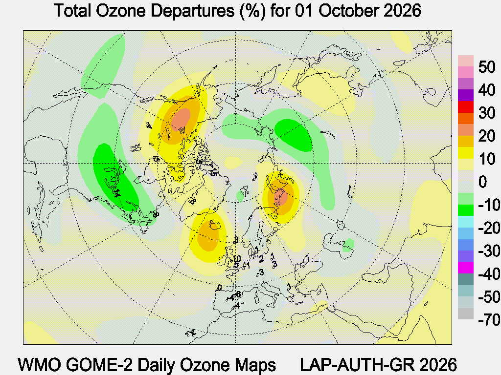 Total Ozone Departures (%) map for yesterday