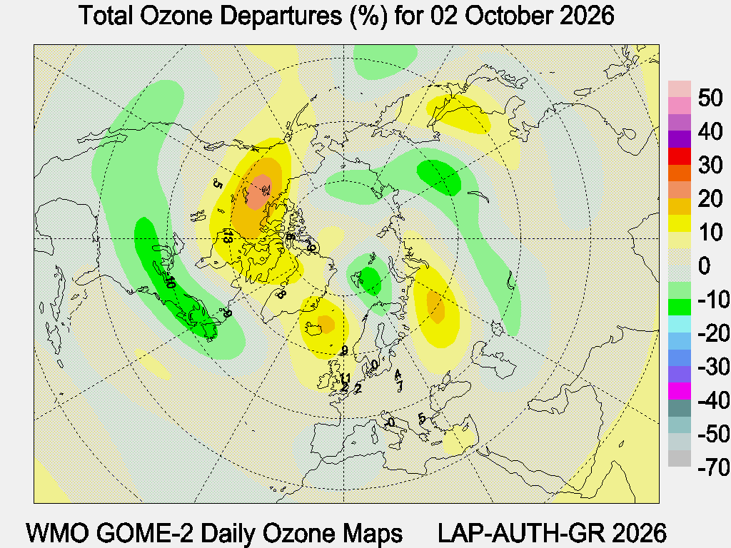 Total Ozone Departures (%) map for yesterday