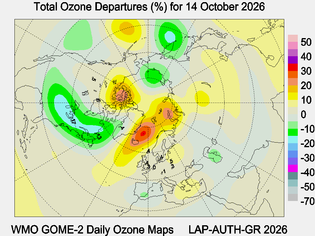 Total Ozone Departures (%) map for yesterday
