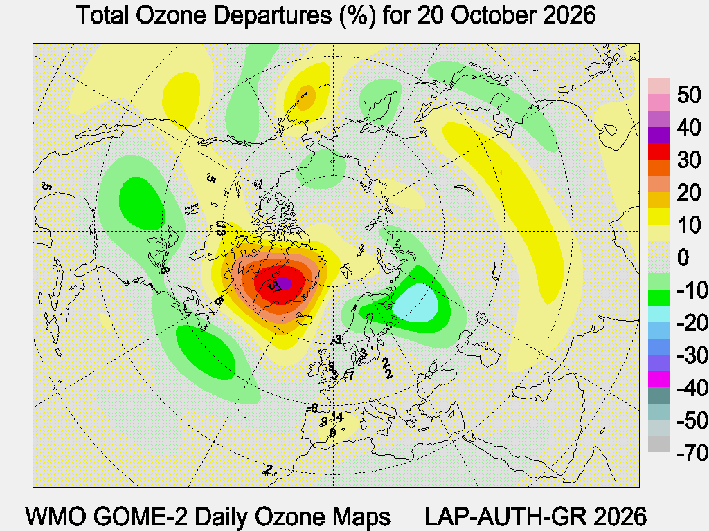 Total Ozone Departures (%) map for yesterday