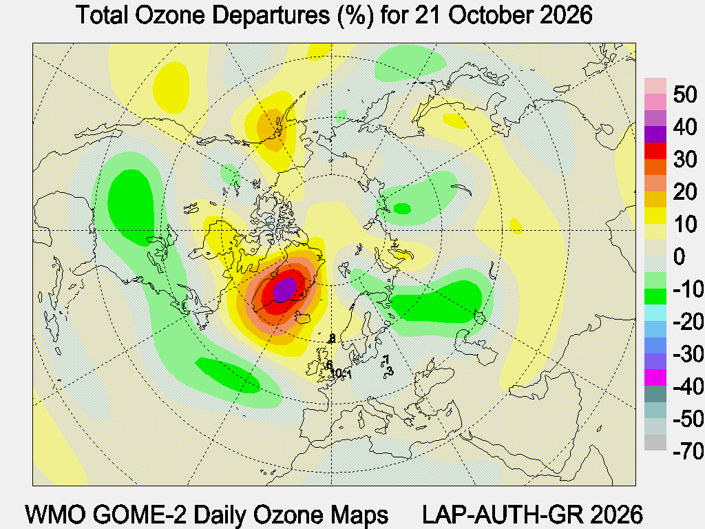 Total Ozone Departures (%) map for yesterday