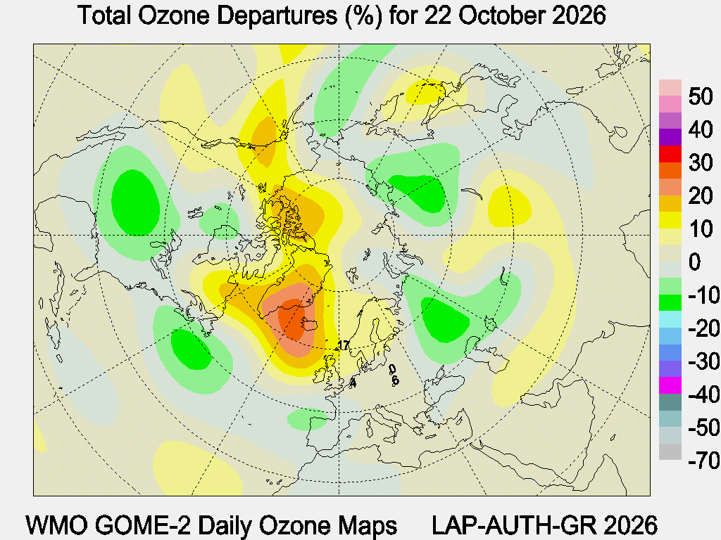 Total Ozone Departures (%) map for yesterday